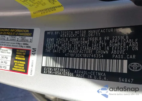 2011 Toyota Camry Le z USA, uszkodzony, nr VIN 4T1BF3EK1BU746354